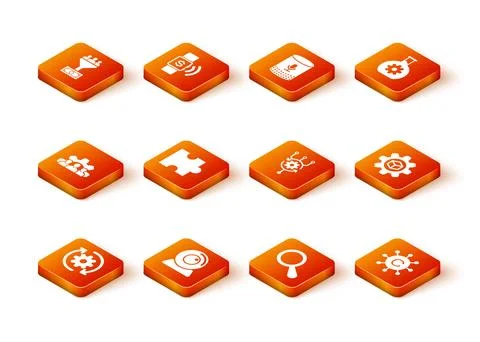Set Gear and arrows as workflow, Web camera, Project team base, Piece of puzzle Stock Illustration