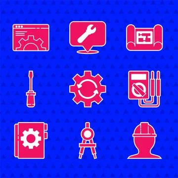 Set Gear and arrows as workflow, Drawing compass, Worker safety helmet Stock Illustration