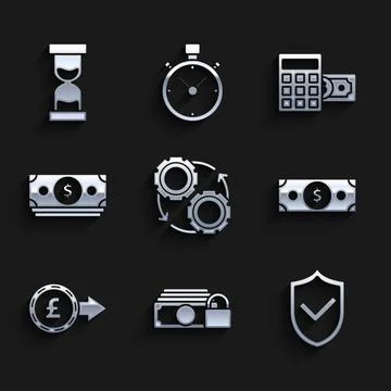 Set Gear and arrows as workflow process concept, Money with lock, Shield ch.. Stock Illustration