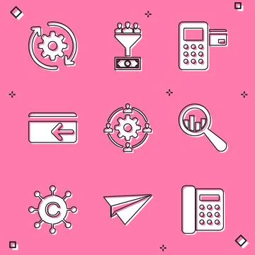 Set Gear and arrows as workflow, Lead management, Pos terminal, Cash back, .. Stock Illustration