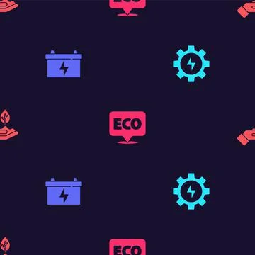 Set Gear and lightning, Car battery, Label for eco healthy food and Plant hand Stock Illustration