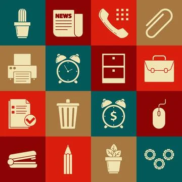 Set Gear, Computer mouse, Briefcase, Telephone handset, Alarm clock, Printer Stock Illustration