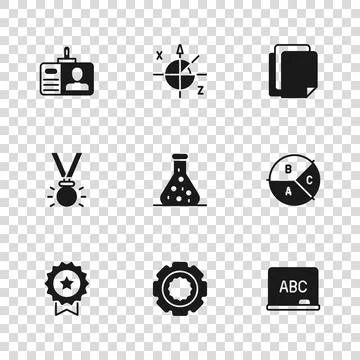 Set Gear, Pie chart infographic, Chalkboard, Test tube, File document, Iden.. Illustrazione stock