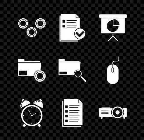 Set Gear, schedule, chart, diagram, infographic, pie graph, Alarm clock, File Illustrazione stock