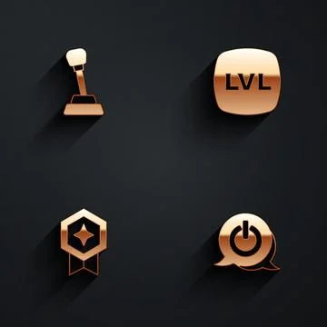 Set Gear shifter, Level game, Game rating with medal and Power button icon with 스톡 일러스트