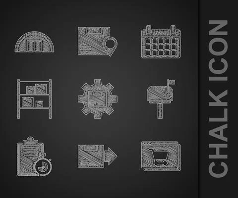 Set Gear wheel with package box, Carton cardboard, Online shopping screen, Mail Ilustración de archivo