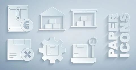 Set Gear wheel with package box, Warehouse, Carton cardboard and delete, Sc.. Ilustración de archivo