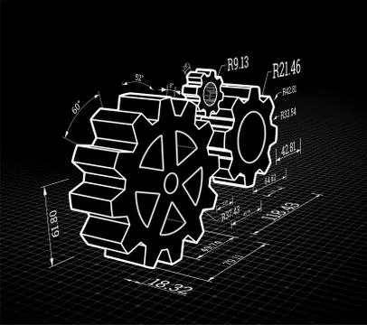Set of gears on a black background. Vector illustration, blueprint style. Stock Illustration