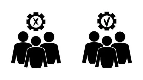 Set of gears inside with black checkmark and cross with team, cogwheel Stock Illustration