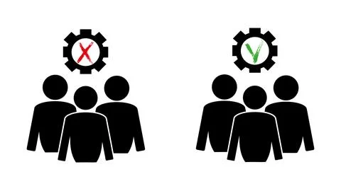 Set of gears inside with green checkmark and red cross with team, cogwheel Stock Illustration