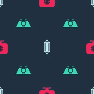 Set Gem stone, and Miner helmet on seamless pattern. Vector Stock Illustration