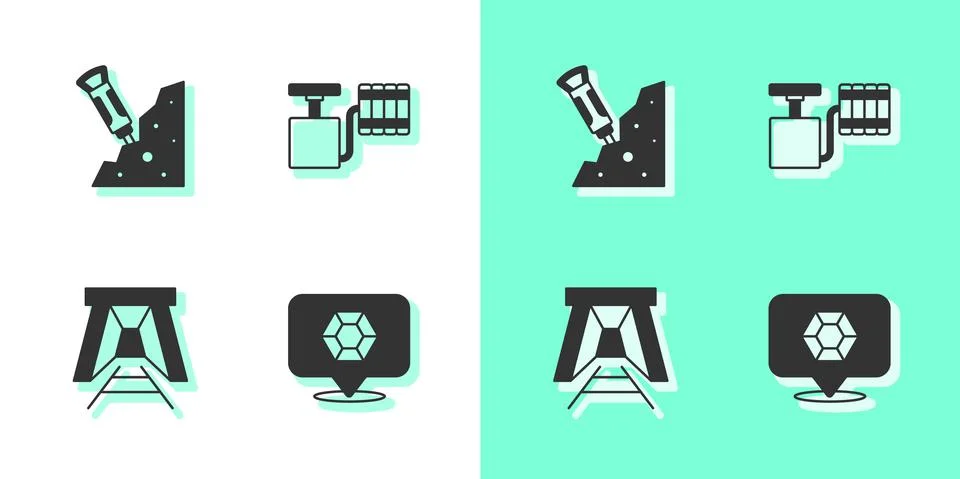 Set Gem stone, Construction jackhammer, Mine entrance and Handle detonator icon Ilustração Stock