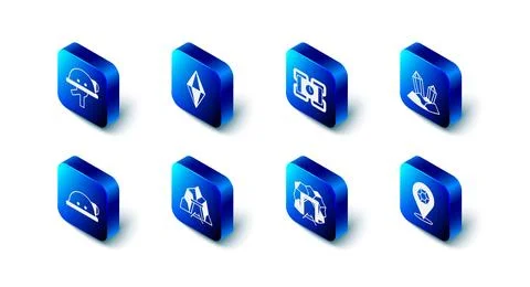 Set Gem stone, Dynamite, Mine entrance, Miner helmet and icon. Vector Illustrazione stock