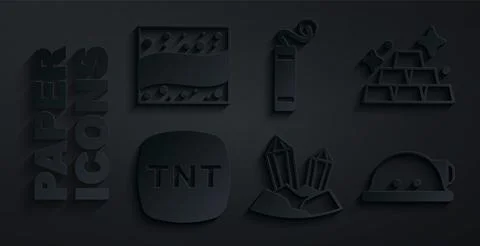 Set Gem stone, Gold bars, Dynamite, Miner helmet, and mine icon. Vector Stock Illustration