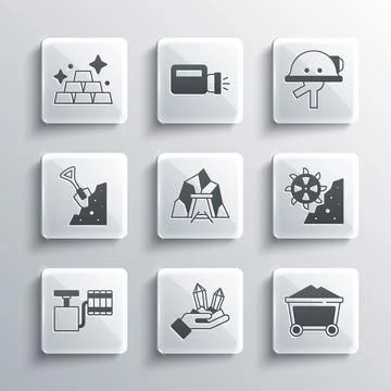Set Gem stone, Mine coal trolley, Bucket wheel excavator, entrance, Handle Illustration