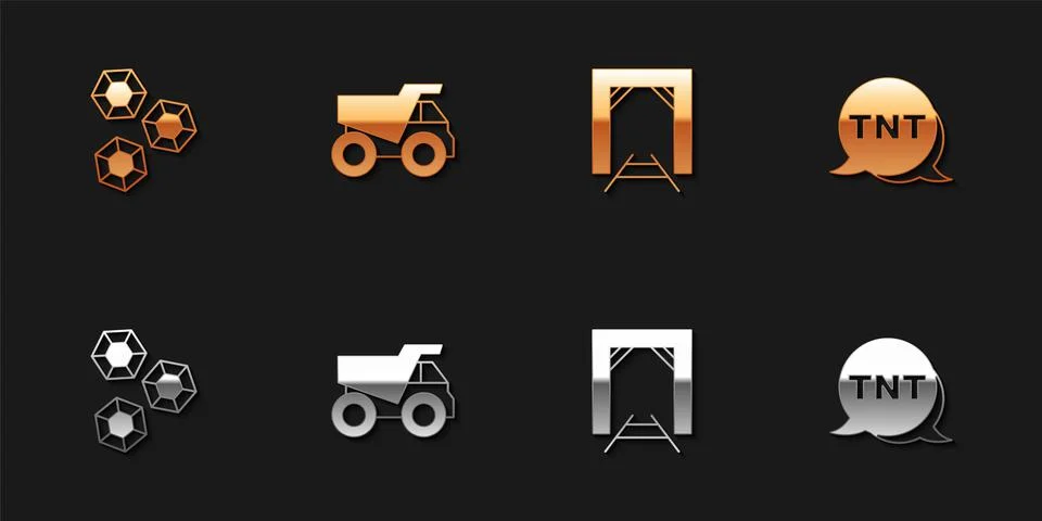 Set Gem stone, Mining dump truck, Mine entrance and Dynamite icon. Vector Stock Illustration