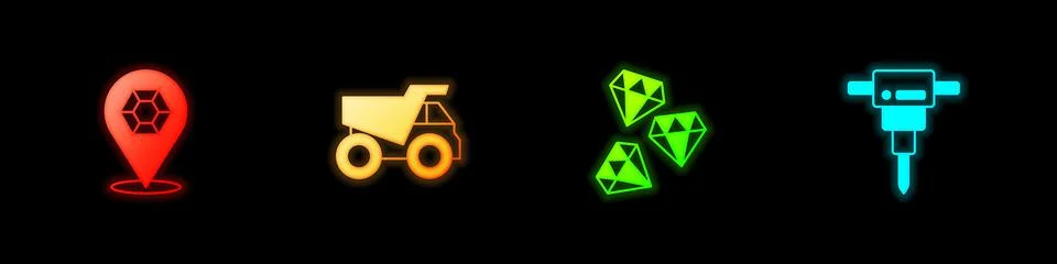 Set Gem stone, Mining dump truck, and Construction jackhammer icon. Vector Stock Illustration