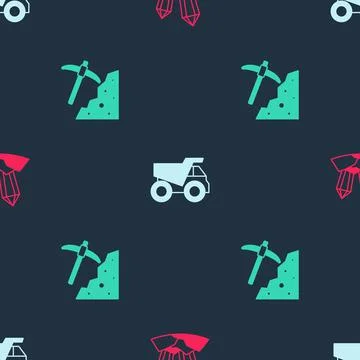 Set Gem stone, Mining dump truck and Pickaxe on seamless pattern. Vector Stock Illustration