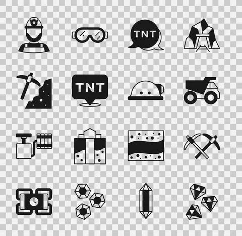 Set Gem stone, Pickaxe, Mining dump truck, Dynamite, Miner helmet and icon Illustrazione stock