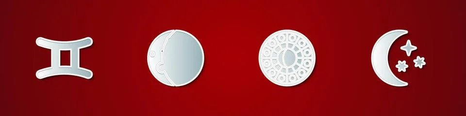 Set Gemini zodiac, Eclipse of the sun, Astrology horoscope circle and Moon and Illustrazione stock
