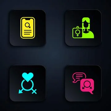 Set Gender equality, Dating app, and Feminist activist. Black square button Stock Illustration