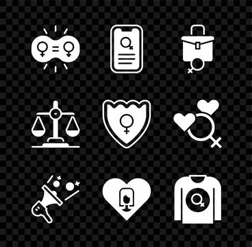 Set Gender equality, Dating app, Work for female, Feminist activist, Heart .. Illustrazione stock