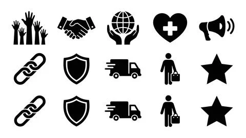 Set of general business and commerce icons, including raised hands, handsha.. Stock Illustration
