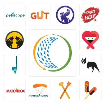 Set of general trading, corn dog, pet groomer, paragliding, matchbox, boston  Free Stock Illustration