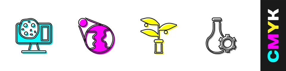 Set Genetic engineering, Earth globe, Plant breeding and Test tube icon. Vector Illustrazione stock