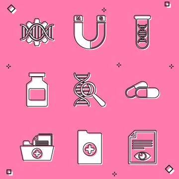 Set Genetic engineering, Magnet, DNA research, search, Medicine bottle, and pill Stock Illustration