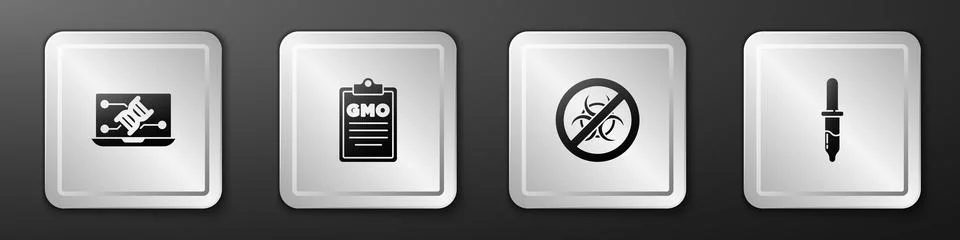 Set Genetic engineering modification, GMO, Stop and Pipette icon. Silver squa Illustrazione stock