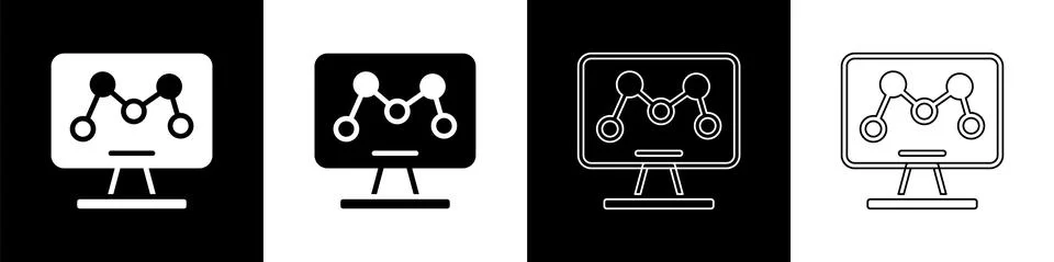 Set Genetic engineering modification on laptop icon isolated on black and white 스톡 일러스트