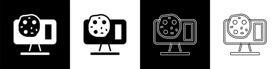 Set Genetic engineering modification on laptop icon isolated on black and white 스톡 일러스트