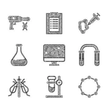Set Genetic engineering modification, Test tube flask stand, Chemical formula Illustrazione stock