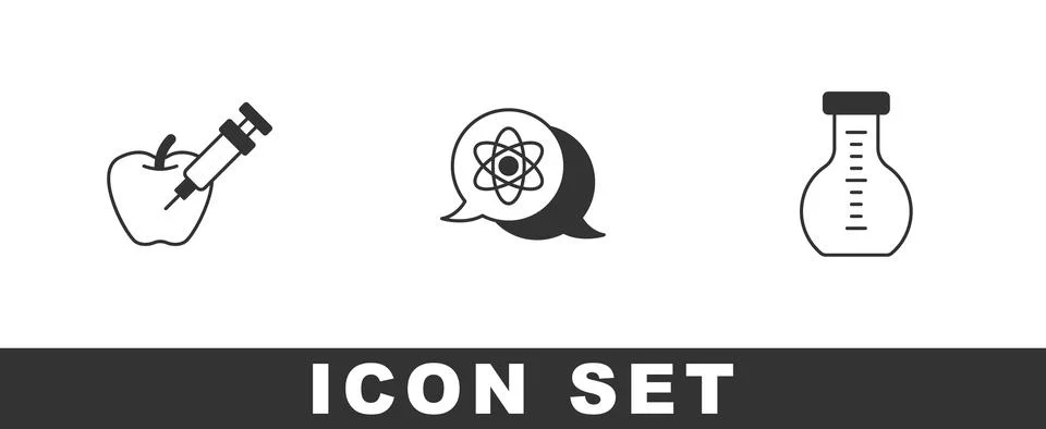 Set Genetically modified apple, Atom and Test tube icon. Vector Stock Illustration