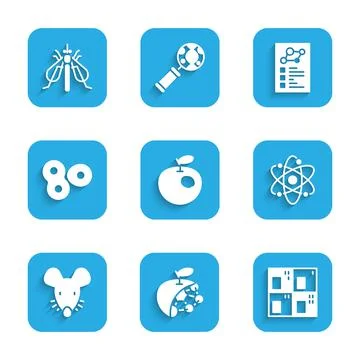 Set Genetically modified apple, Biological structure, Periodic table, Atom Stock Illustration