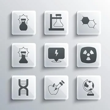 Set Genetically modified apple, Earth globe, Radioactive, Lightning bolt, D.. Illustrazione stock