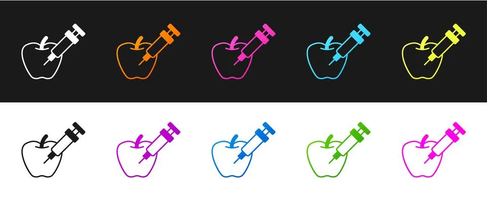 Set Genetically modified apple icon isolated on black and white background. GMO Stockillustratie