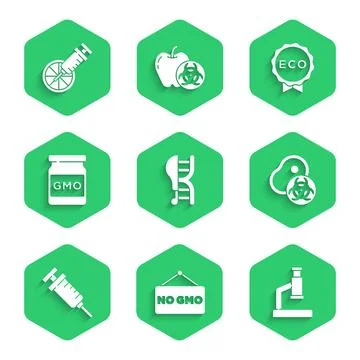Set Genetically modified chicken, No GMO, Microscope, meat, Syringe, Label for Illustrazione stock