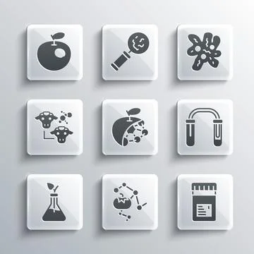 Set Genetically modified food, Jar with additives, Test tube and flask Illustrazione stock