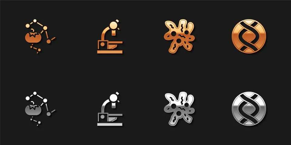 Set Genetically modified food, Microscope, Cell and DNA symbol icon. Vector Stock Illustration