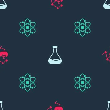 Set Genetically modified food, Test tube and flask and Atom on seamless pattern 스톡 일러스트