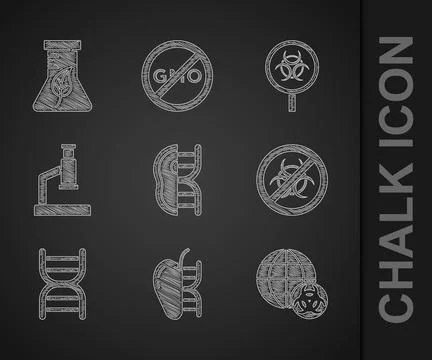 Set Genetically modified meat, apple, GMO, Stop, DNA symbol, Microscope, Bi.. Illustrazione stock