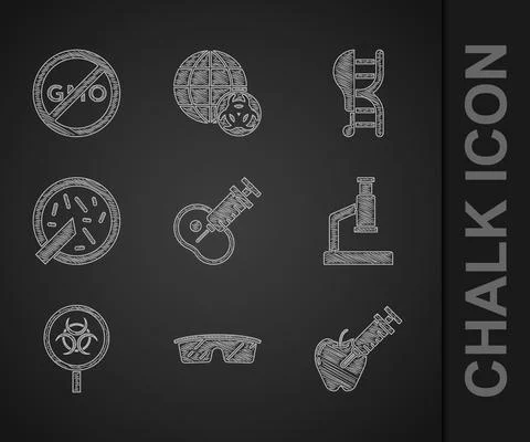 Set Genetically modified meat, Laboratory glasses, apple, Microscope, Biohazard Illustrazione stock