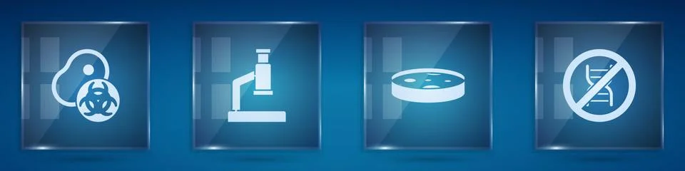 Set Genetically modified meat, Microscope, Petri dish with bacteria and Stop GMO Illustrazione stock