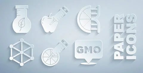 Set Genetically modified orange, GMO, apple and Test tube and flask icon. Vector Ilustración de archivo