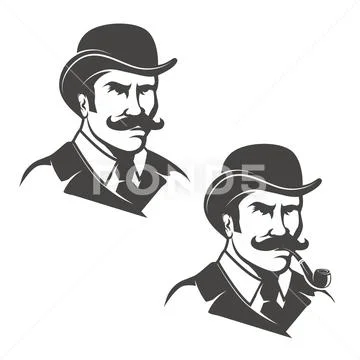 Set of gentleman heads with smoking pipe isolated on white background. Images Stock Illustration