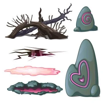 A set of geological objects and the elements of wildlife isolated on white Stock Illustration