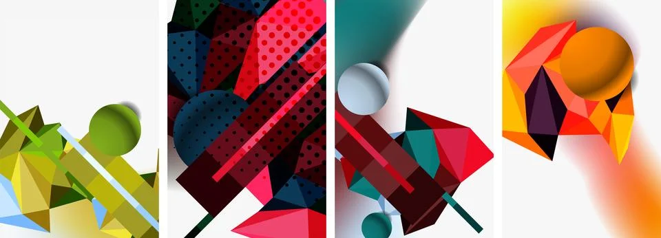 Set of geometric abstract composition with spheres and triangles. Vector Stock Illustration
