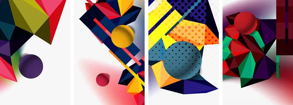 Set of geometric abstract composition with spheres and triangles. Vector Stock Illustration